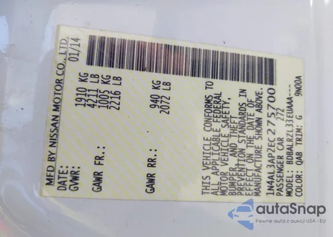 2014 Nissan Altima 2.5/2.5 S/2.5 Sl/2.5 Sv z USA, uszkodzony, nr VIN 1N4AL3AP2EC275700